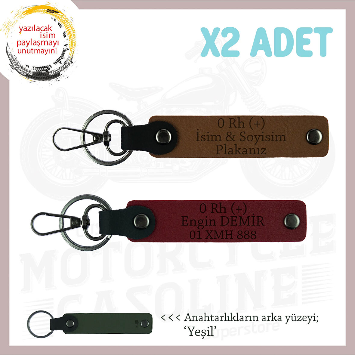 Motosiklet Tutkunlarına, İsim Plaka ve 0 Rh (+) Kan Grubu Yazılı Deri x2 Anahtarlık, Kahve-Bordo-Ysl