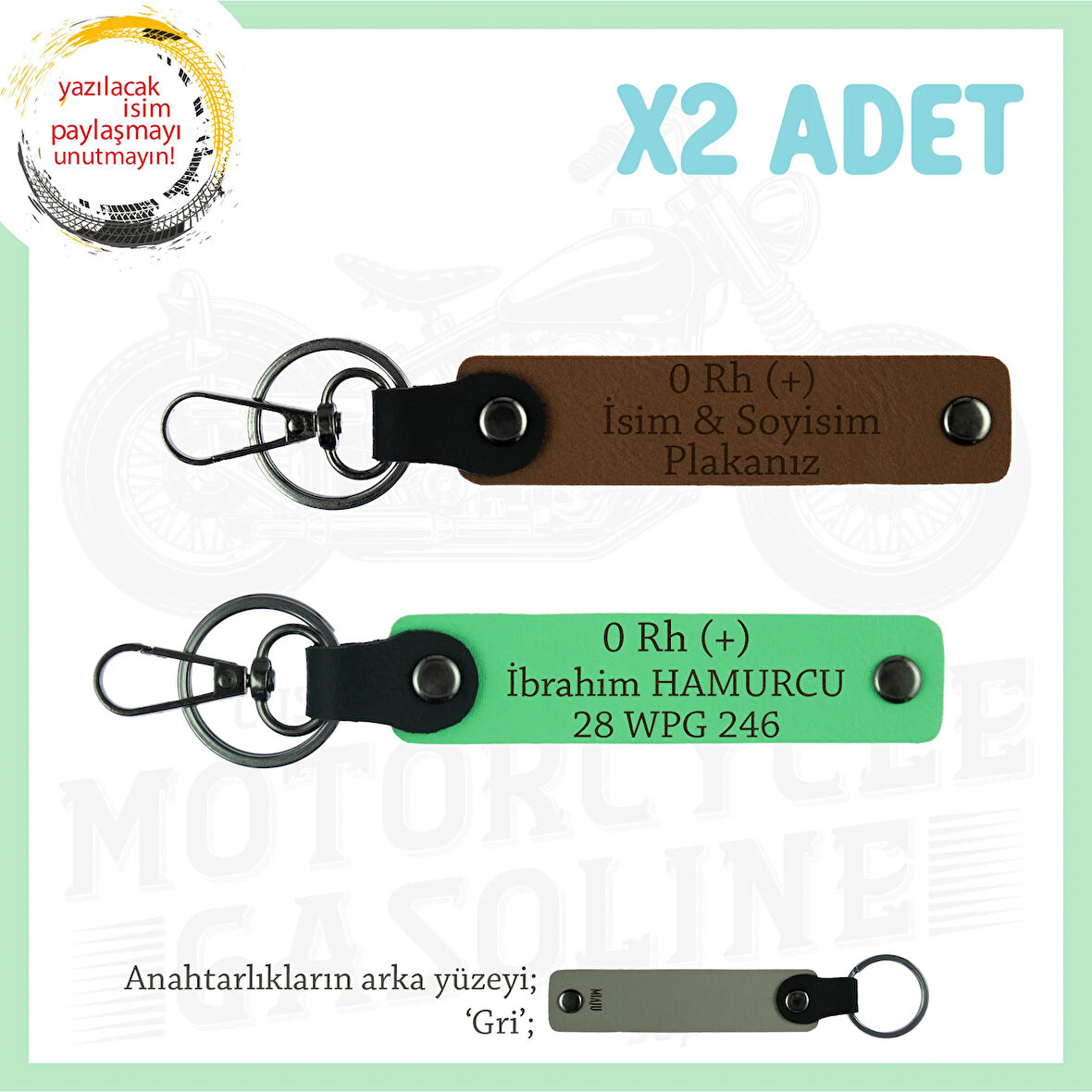 Bikerlar İçin İsim Plaka 0 Rh (+) Kan Grubu Yazılı Özel Tasarım x2 Anahtarlık Set, Kahve-F Yeşil-Gr