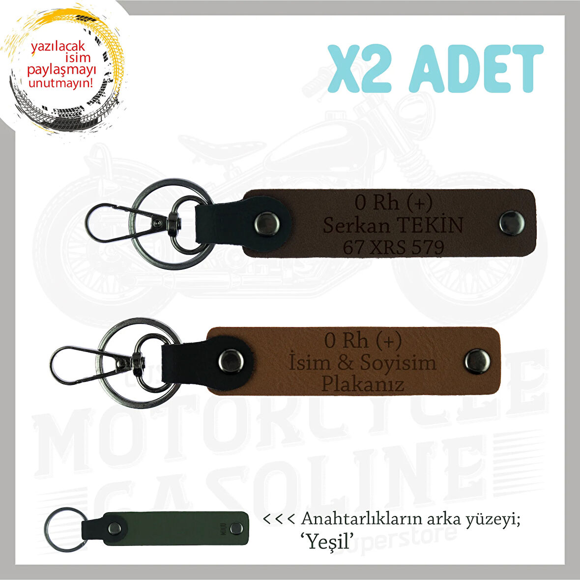 Motor Severlere, İsim Plaka ve 0 + Kan Grubu Yazılı Anlamlı Hediye x2 Anahtarlık, Kahve-K Kahve-Ysl