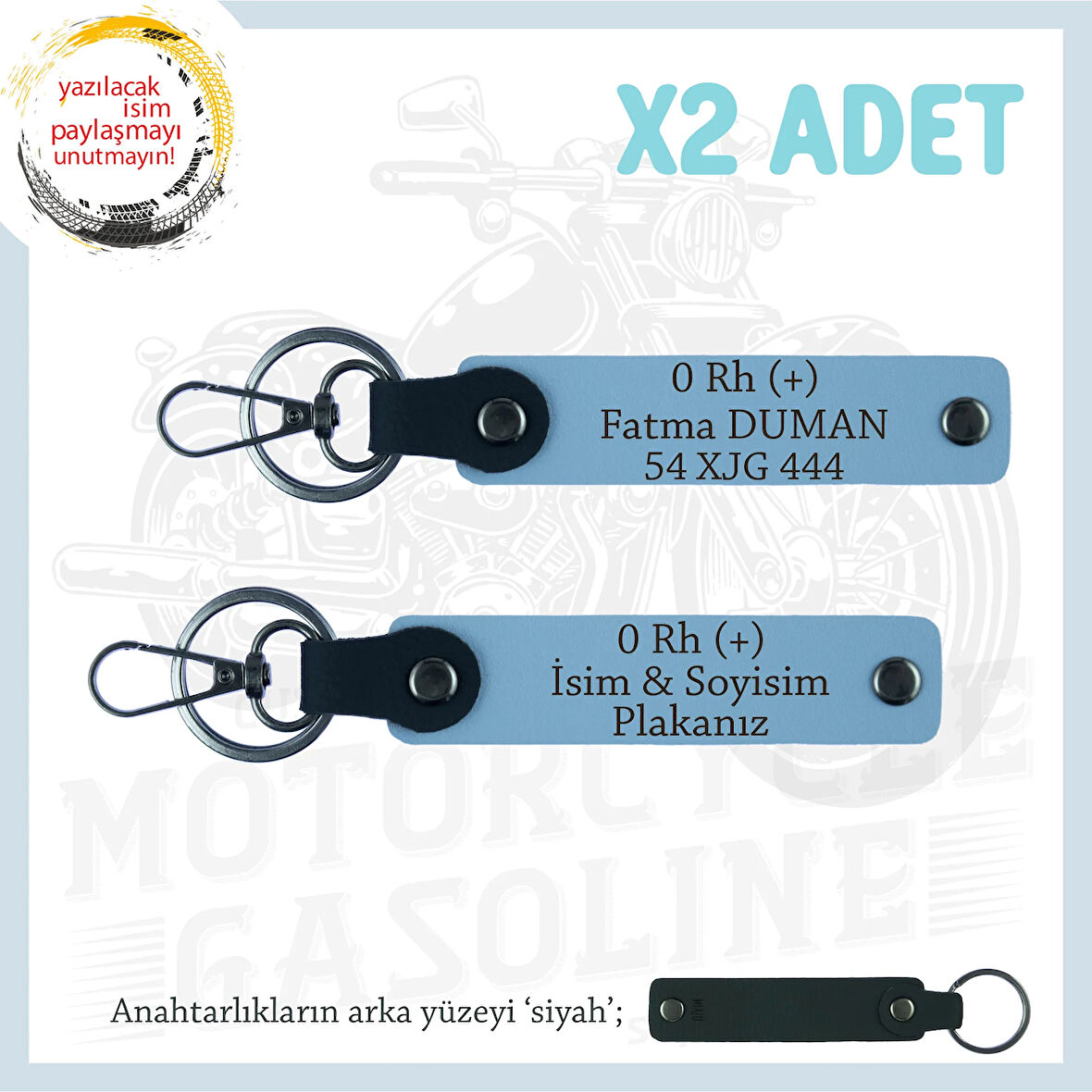 Yol Arkadaşlarına, İsim Plaka ve 0 Rh + Kan Grubu Yazılı Acil Durum x2 Anahtarlık Takımı, Mavi-Syh