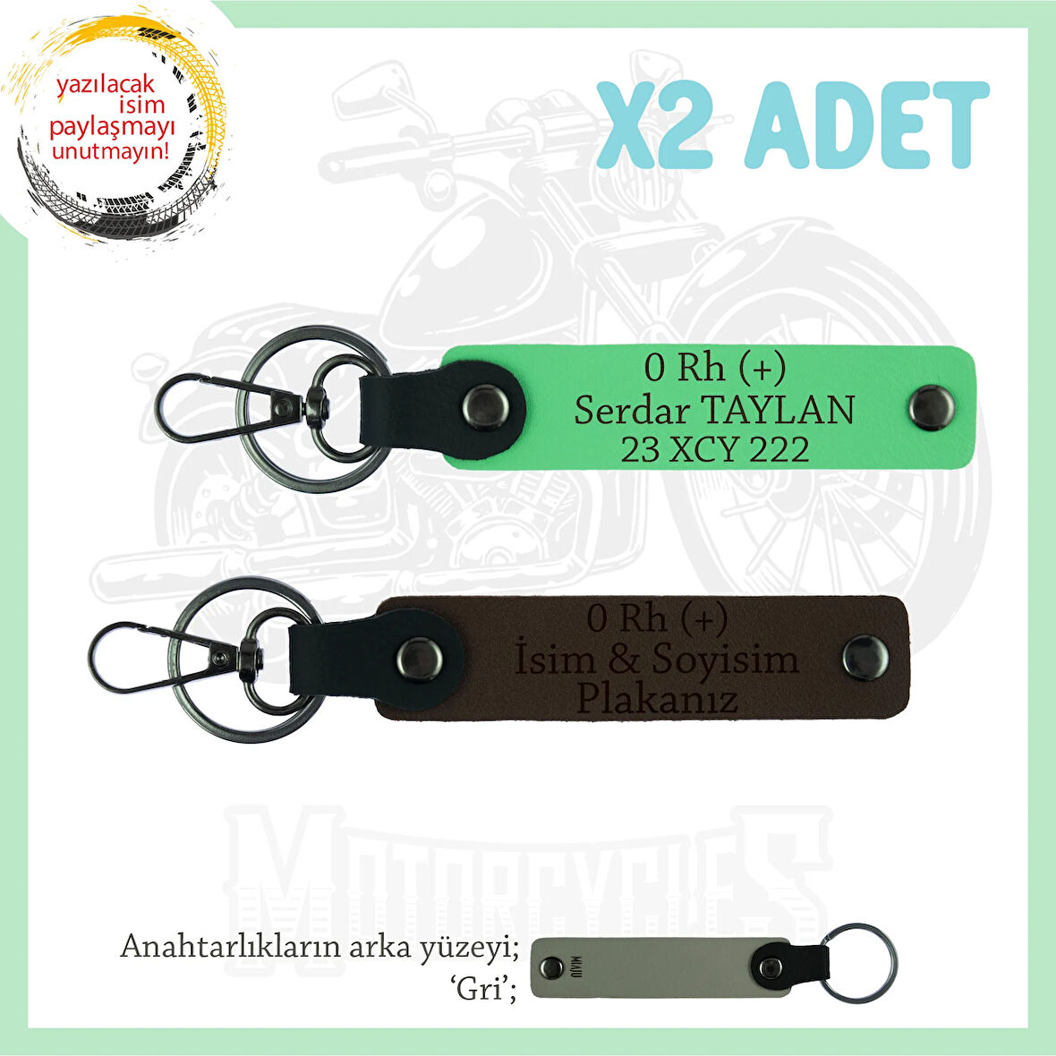 Hız Severlere İsim Plaka ve 0 Rh (+) Kan Grubu Yazılı Motorcu x2 Anahtarlık Set, K Kahve-F Yeşil-Gr