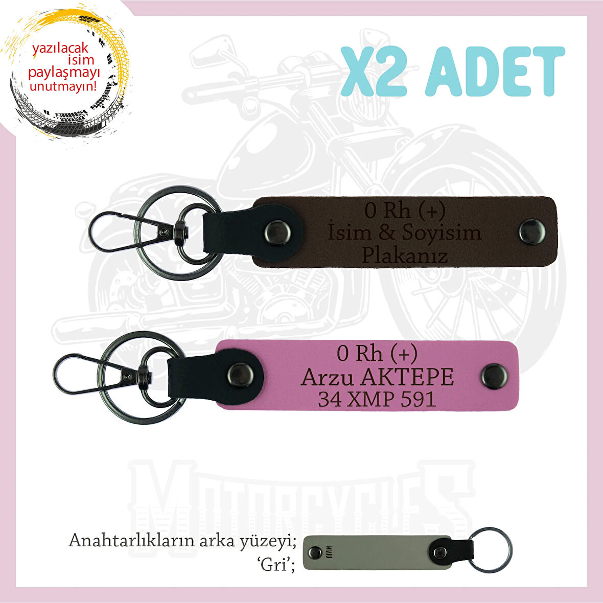Motosiklet Aşıklarına İsim Plaka ve 0 Rh (+) Kan Grubu, Acil Durum Anahtarlığı x2, K Kahve-Pembe-Gr