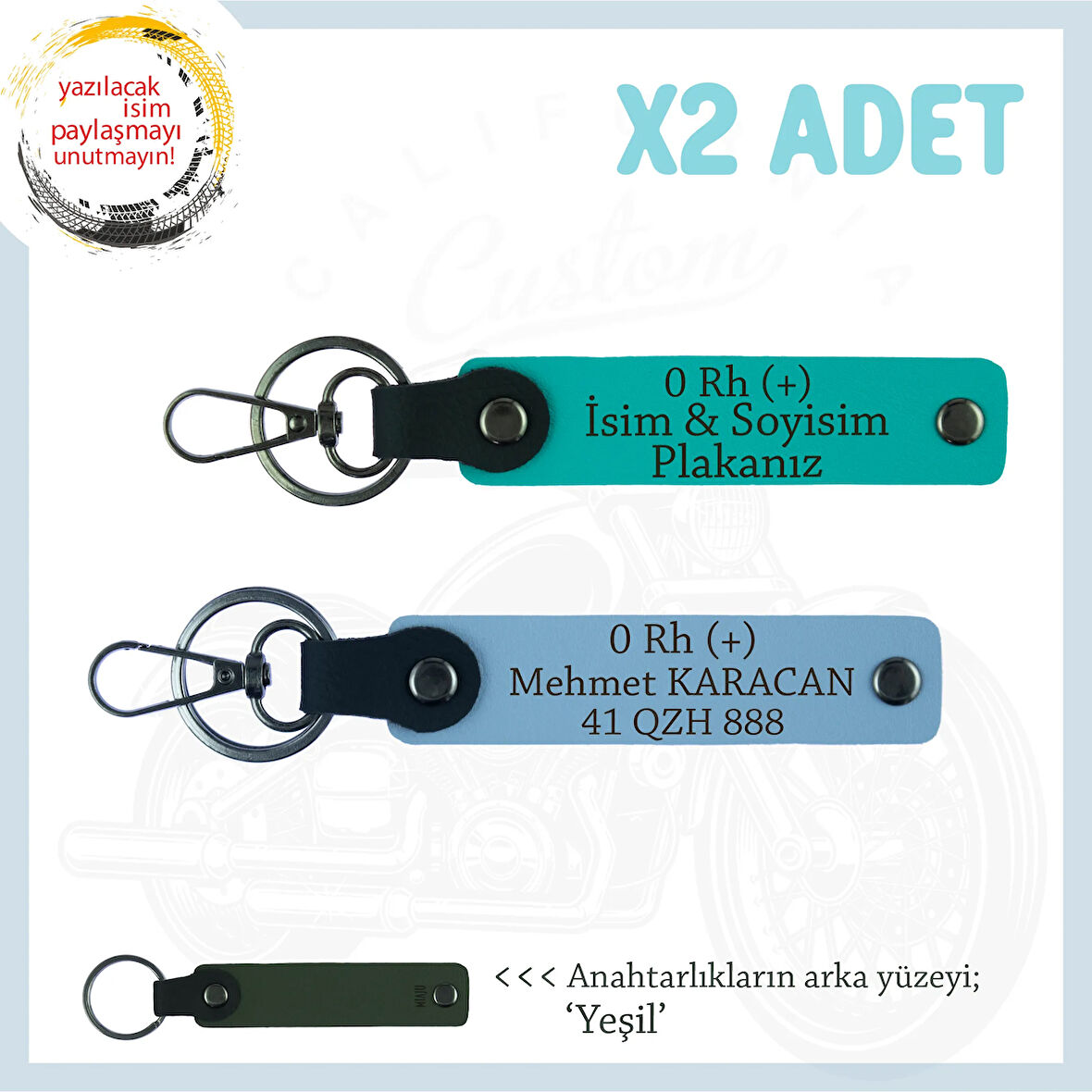 Yolların Sürücülerine İsim Plaka ve 0 Rh (+) Kan Grubu Yazılı x2 Deri Anahtarlık, K Turkuaz-Mavi-Ysl