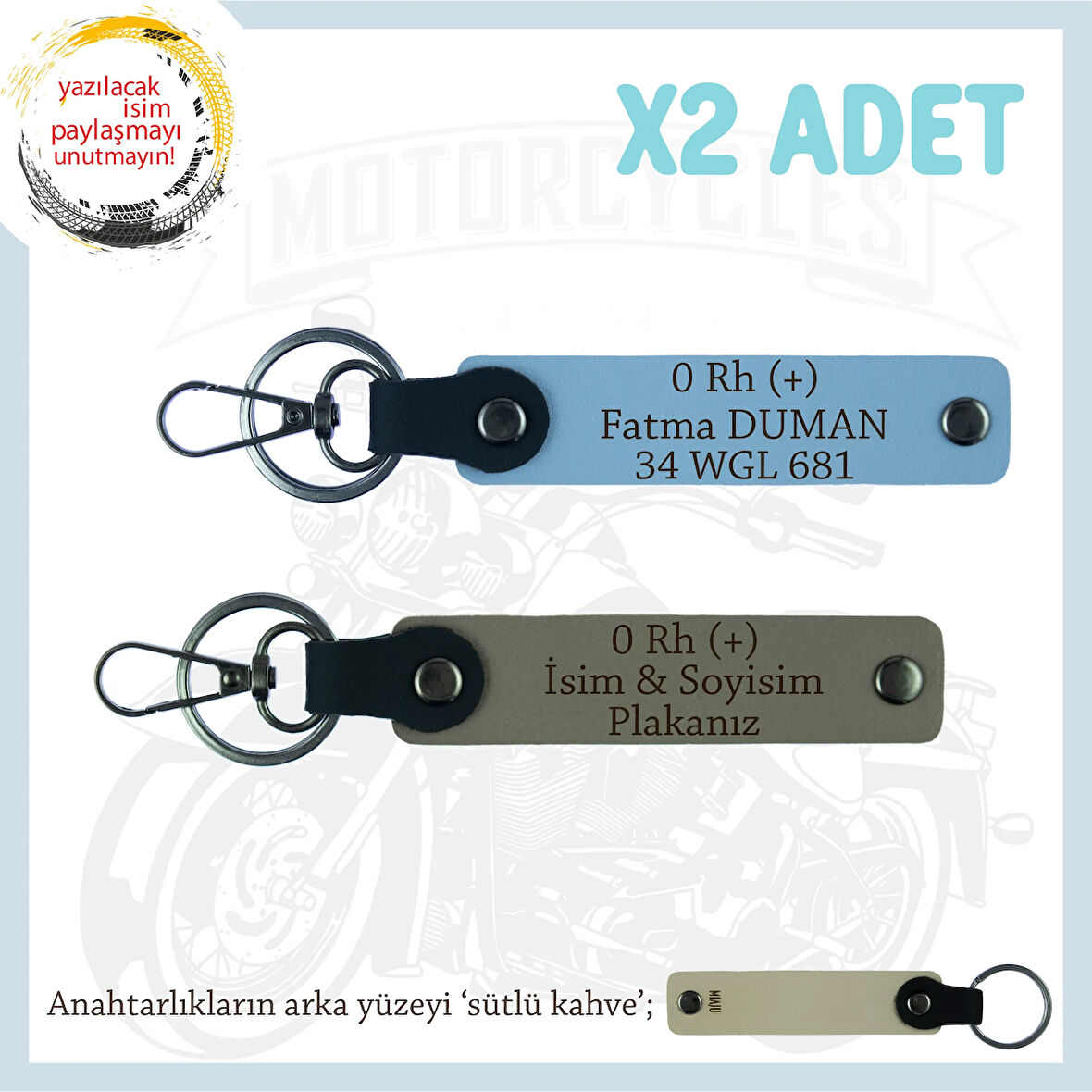 Motosiklet Aşıkları İçin, İsim Plaka ve 0 Rh (+) Kan Grubu Yazılı x2 Anahtarlık Set, Kül Gri-Mavi-SK