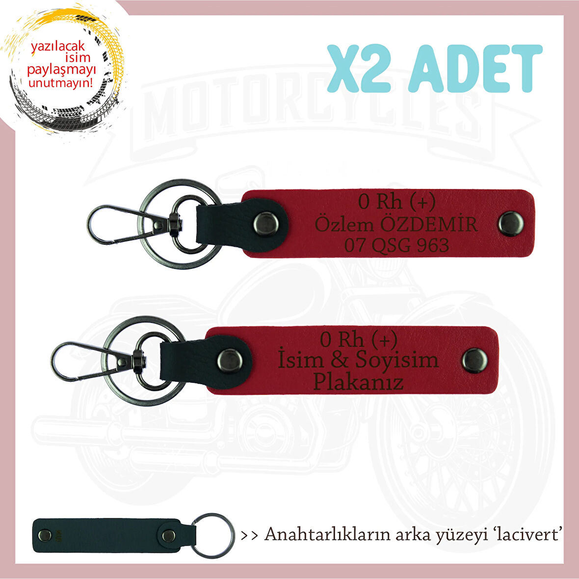 Motosiklet Maceracılarına, İsim Plaka ve 0 Rh + Kan Grubu, Acil Durum Anahtarlığı Set, Kırmızı-Laci