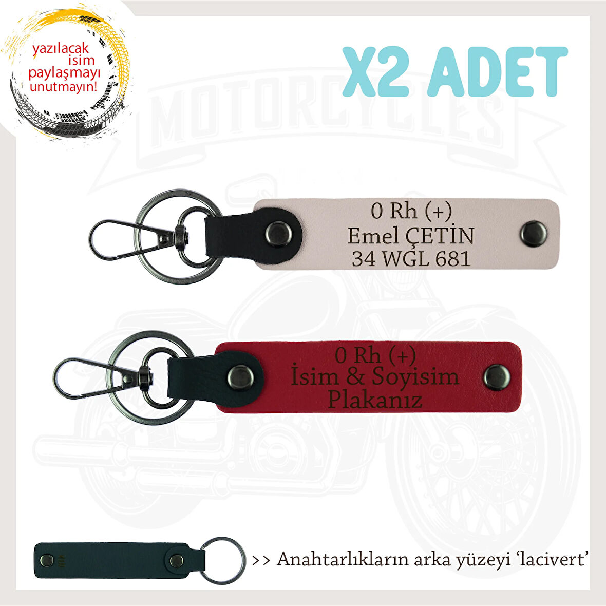 Otomobile İsim Plaka ve 0 Rh (+) Kan Grubu Yazılı Kişiye Özel x2 Anahtarlık Set, Kırmızı-Pudra-Laci