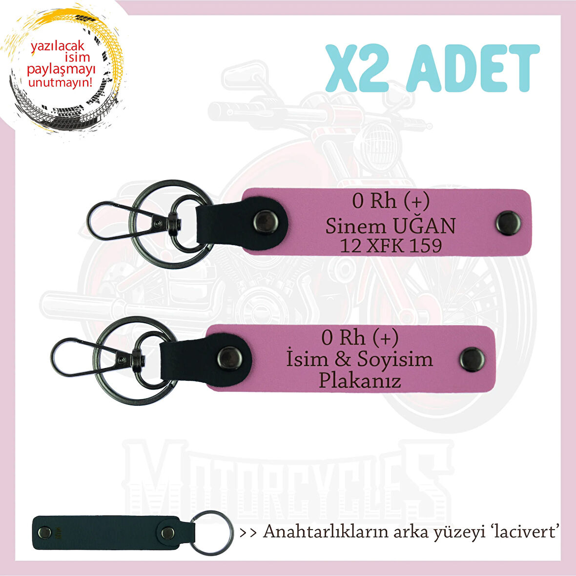Yol Tutkunlarına, İsim Plaka ve 0 Rh (+) Kan Grubu Kişiselleştirilmiş Deri x2 Anahtarlık, Pembe-Laci