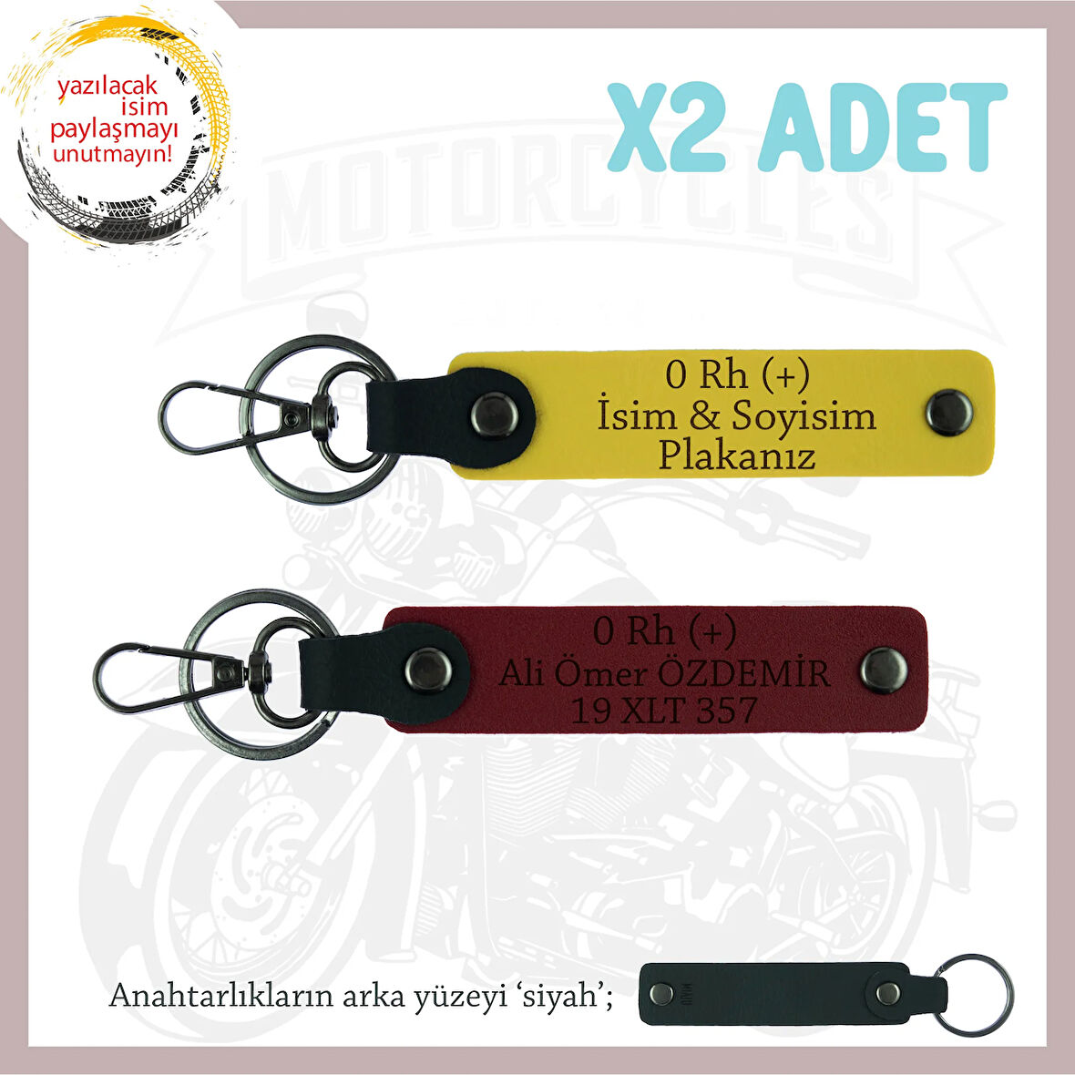 Motor Tutkunlarına İsim Plaka ve 0 Rh (+) Kan Grubu Yazılı Özel Üretim x2 Anahtarlık, Sarı-Bordo-Syh