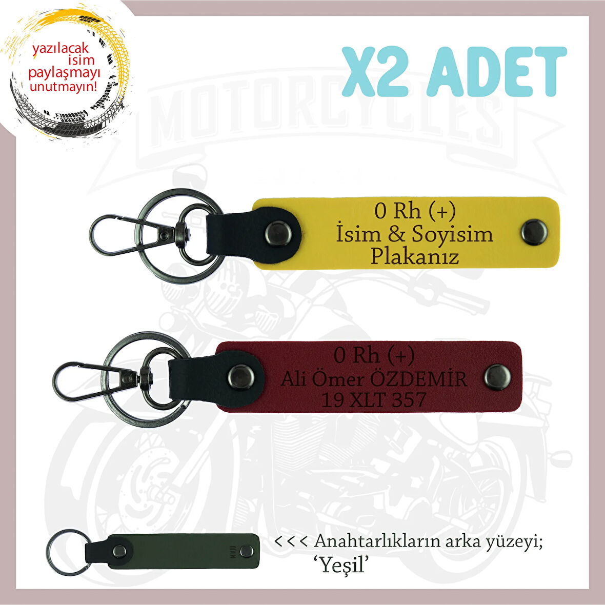 Motor Kullananlara İsim Plaka ve 0 Rh (+) Kan Grubu Yazılı Özel Üretim x2 Anahtarlık, Sarı-Bordo-Ysl