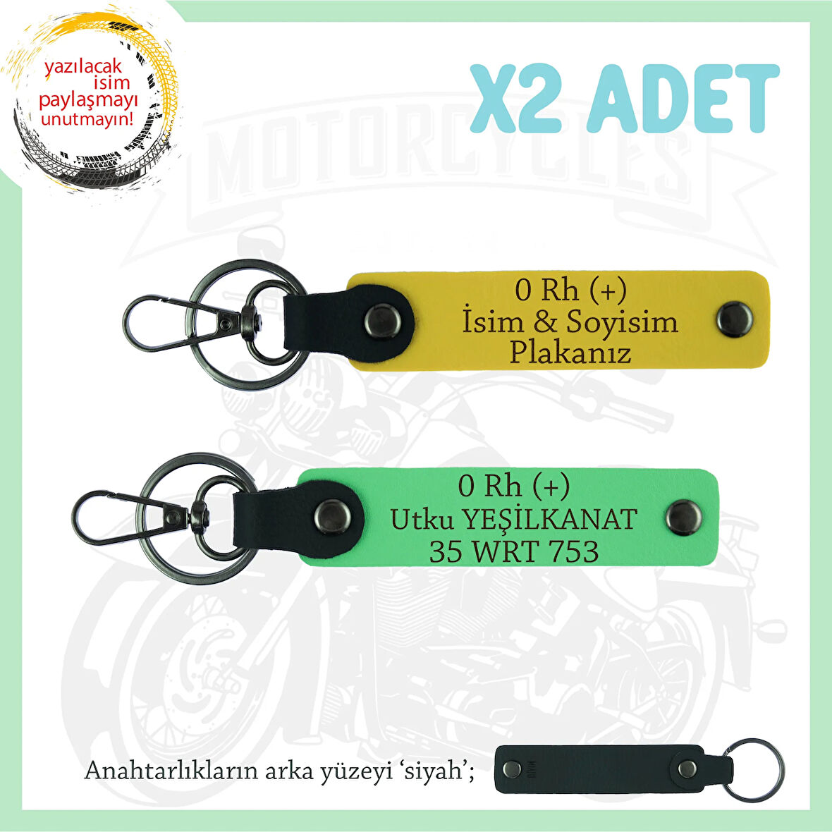Bikerlar İçin Özel İsim Plaka ve 0 Rh (+) Kan Grubu Yazılı Hediyelik x2 Anahtarlık, Sarı-F Yeşil-Syh