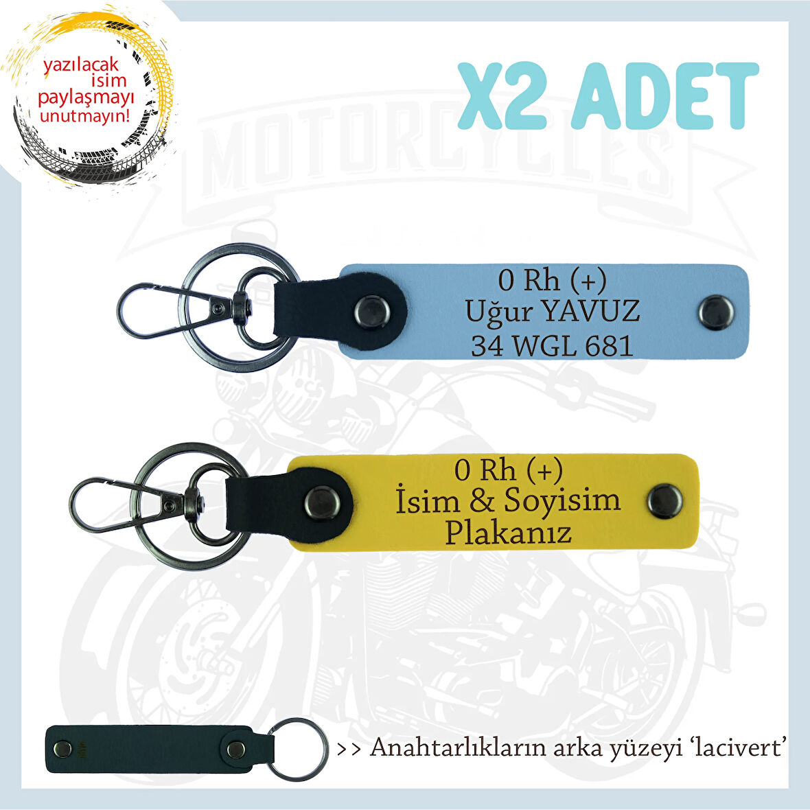 Hız Severlere Özel, İsim Plaka ve 0 Rh (+) Kan Grubu Yazılı Deri x2' li Anahtarlık, Sarı-Mavi-Laci