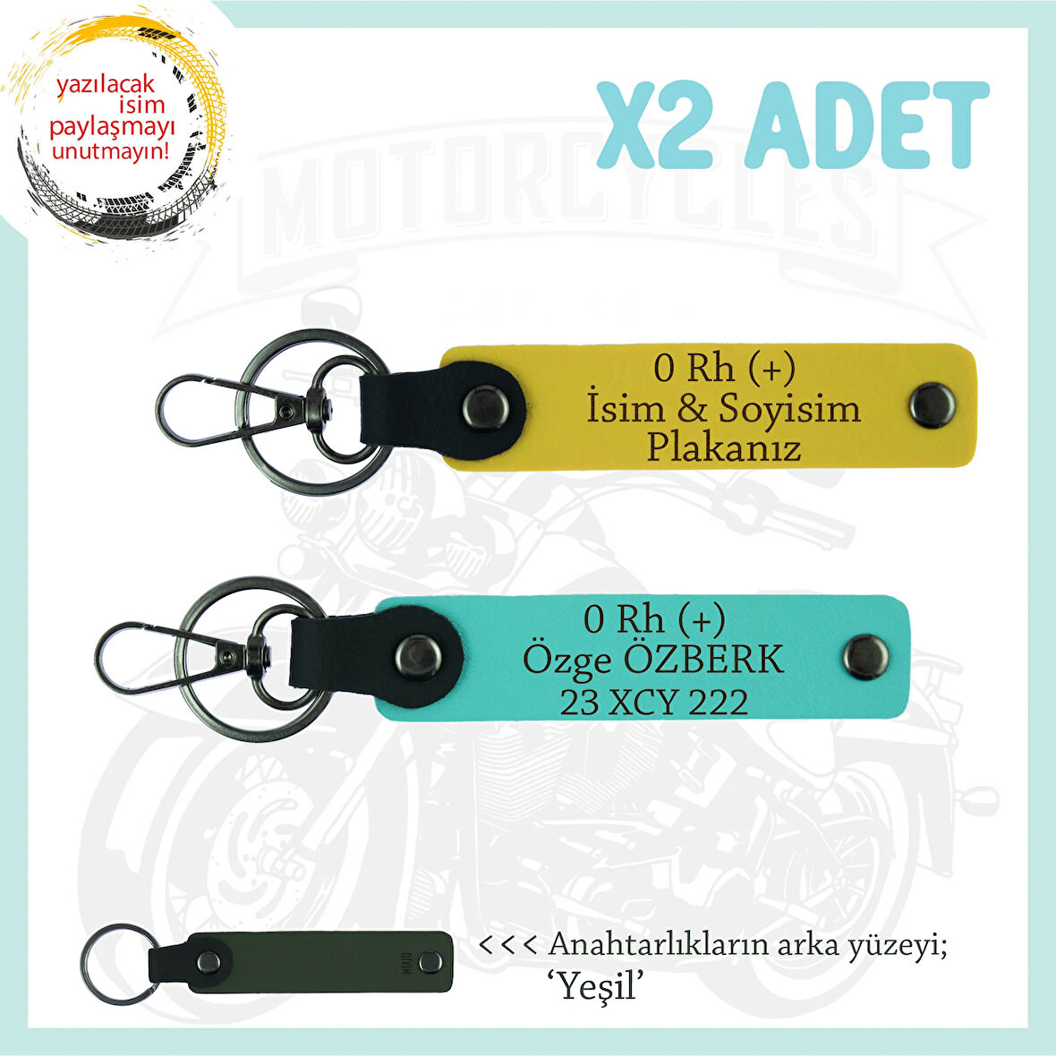 Motor Severlere İsim Plaka ve 0 Rh (+) Kan Grubu Yazılı Özel Tasarım x2 Anahtarlık, Sarı-Turkuaz-Ysl