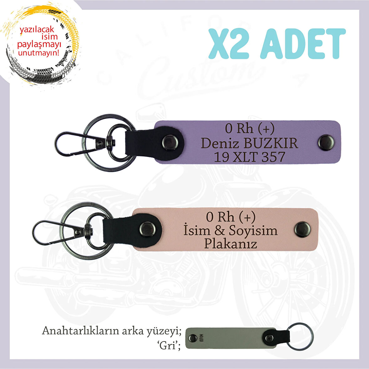 Motor Tutkunlarına Özel İsim Plaka ve 0 Rh (+) Kan Grubu Yazılı x2 Anahtarlık, Yavruağzı-Mor-Gr