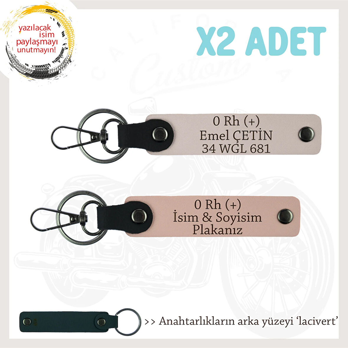 Hız Severlere Özel, İsim Plaka ve 0 Rh (+) Kan Grubu Yazılı x2 Anahtarlık Set, Yavruağzı-Pudra-Laci