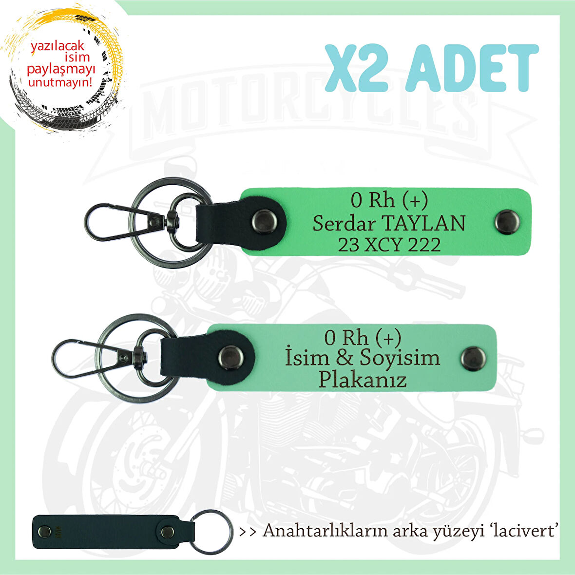 Motosiklet Sürücüsüne Özel İsim Plaka ve 0 Rh (+) Kan Grubu Yazılı x2 Anahtarlık, Yeşil-F Yeşil-Laci