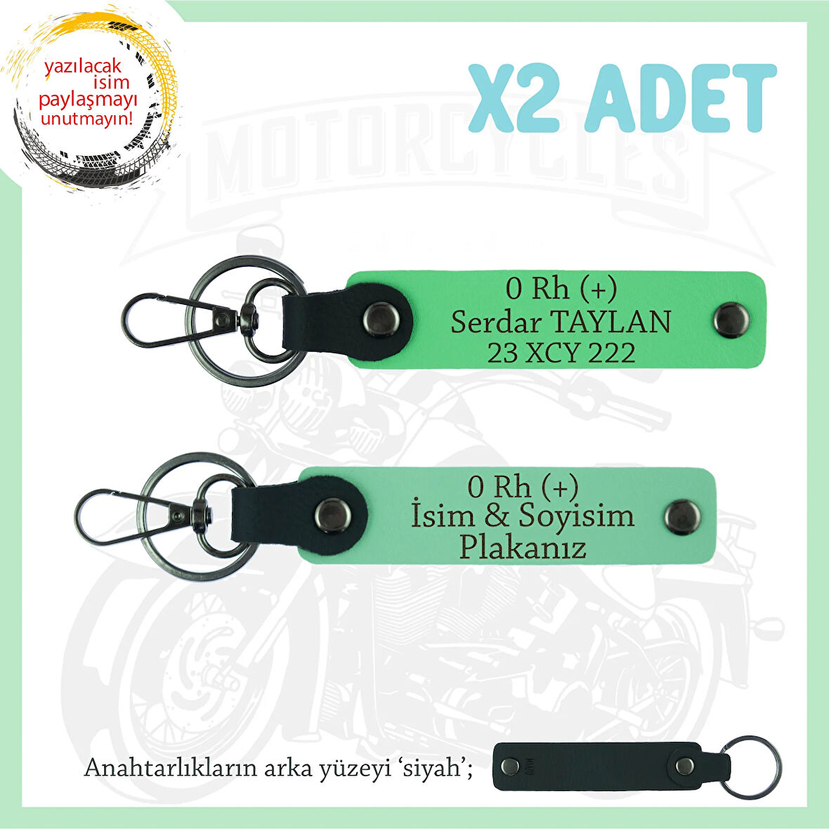 Motosiklet Aşıklarına Özel, İsim Plaka ve 0 Rh (+) Kan Grubu Yazılı x2 Anahtarlık, Yeşil-F Yeşil-Syh