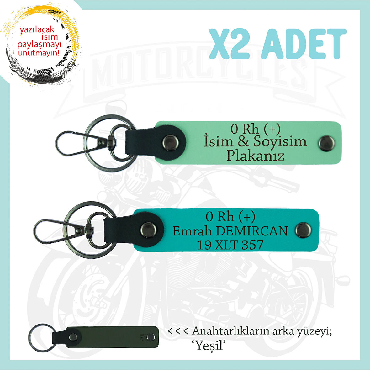 Biker Stiline Özel, İsim Plaka ve 0 Rh (+) Kan Grubu Yazılı x2 Deri Anahtarlık , Yeşil-K Turkuaz-Ysl