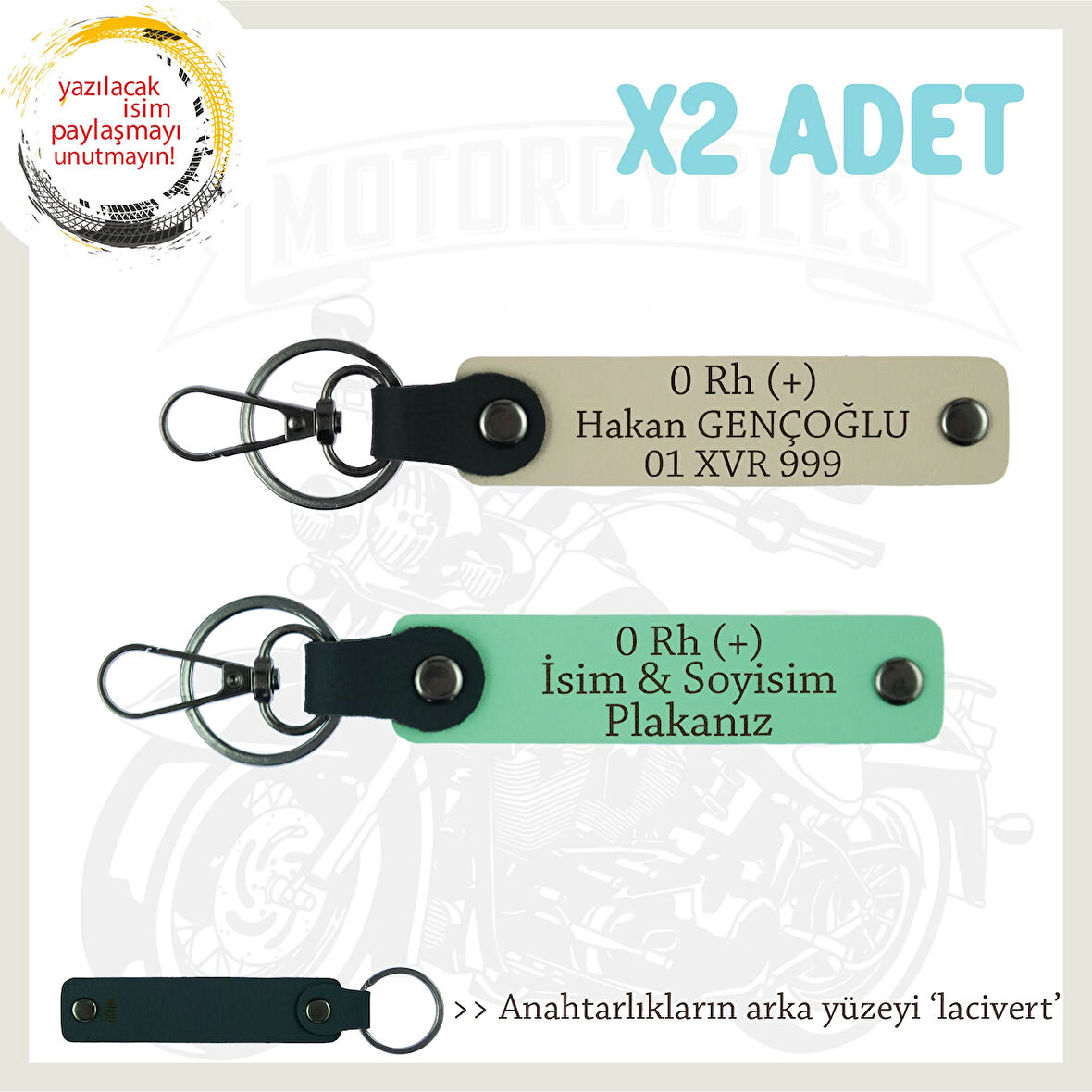 Çok Sevdiğine Özel İsim Plaka, 0 Rh + Kan Grubu Yazılı Kişisel x2 Anahtarlık Set, Yeşil-S Kahve-Laci