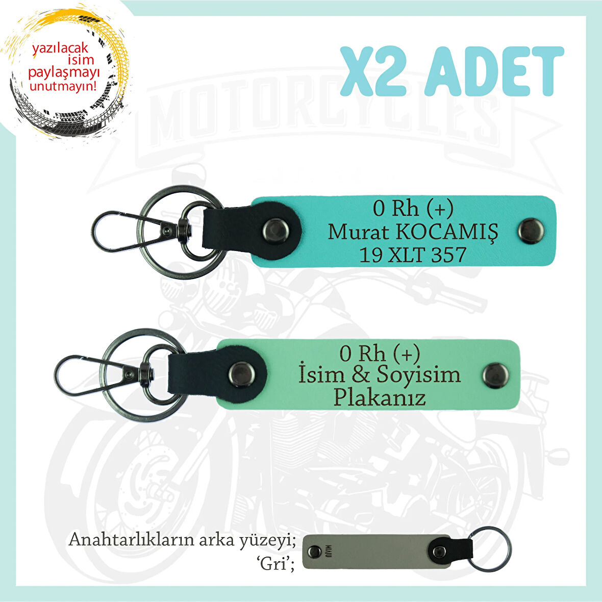 Motor Severlere Özel, İsim Plaka ve 0 Rh (+) Kan Grubu Yazılı x2 Anahtarlık Takım, Yeşil-Turkuaz-Gr
