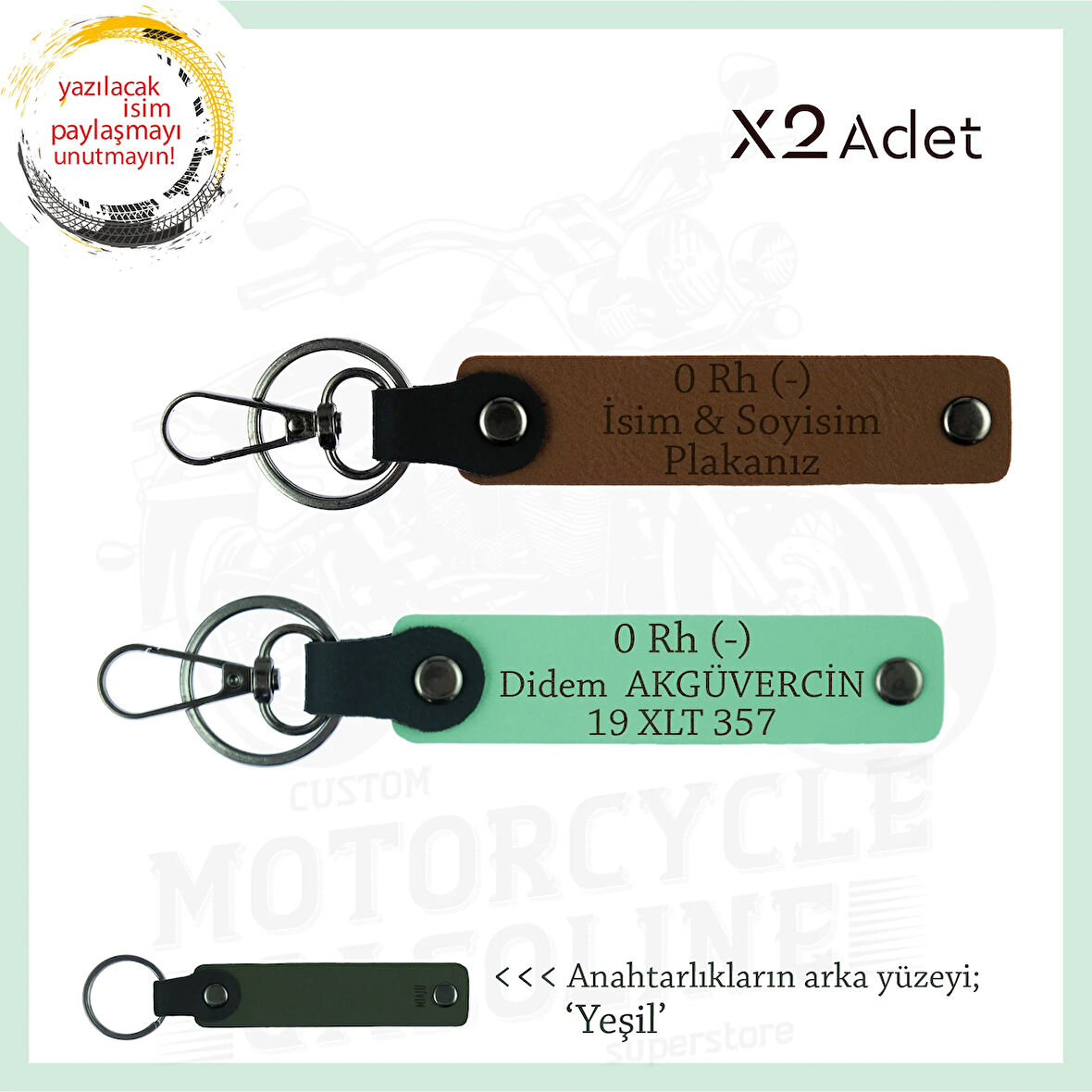 Motosiklet Severlere, İsim Plaka ve 0 Rh - Kan Grubu Yazılı, Motorcu x2 Anahtarlık, Kahve-Yeşil-Ysl