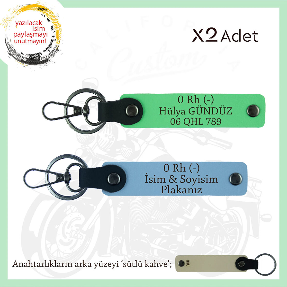 Biker Dostlarına, İsim Plaka ve 0 Rh (-) Kan Grubu Yazılı, Motor x2' li Anahtarlık, Mavi-F Yeşil-SK