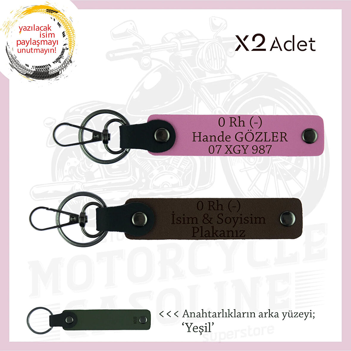 Motosiklet Aşıklarına, İsim Plaka ve 0 Rh (-) Kan Grubu Acil Durum Anahtarlığı, K Kahve-Pembe-Ysl