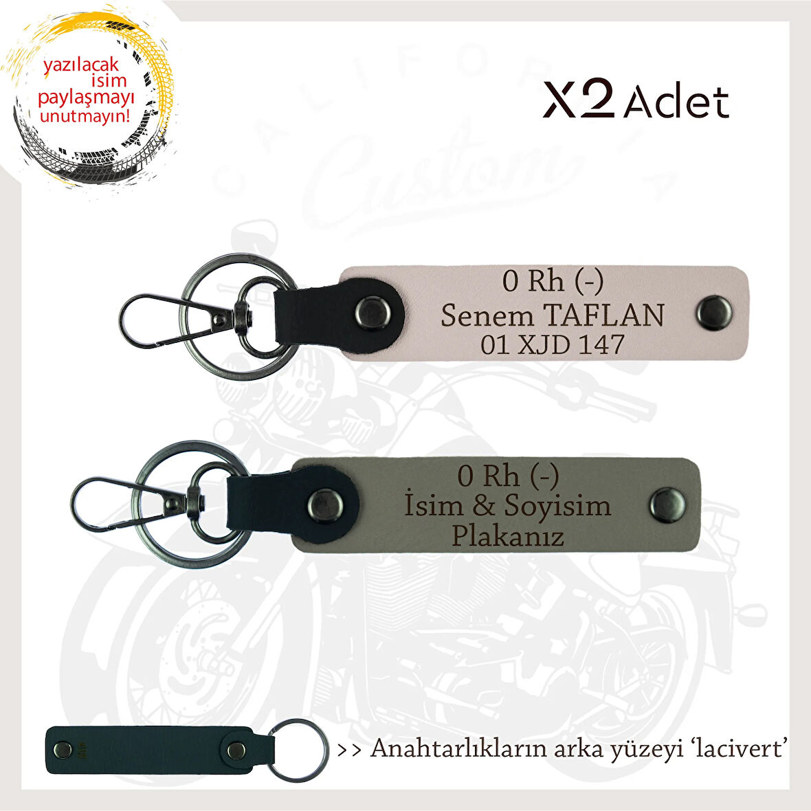 Motosiklet Sürücüsüne, İsim Plaka ve 0 Rh (-) Yazılı Acil Durum x2 Anahtarlıklar, Kül Gri-Pudra-Laci