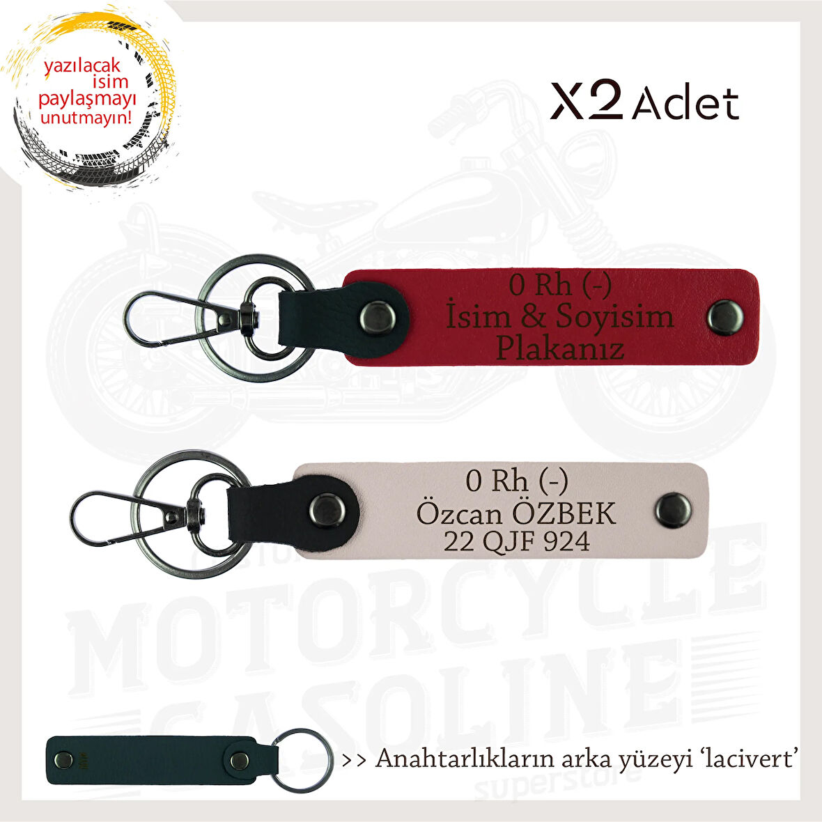 Otomobile İsim Plaka ve 0 Rh (-) Kan Grubu Yazılı Kişiye Özel x2 Anahtarlık Set, Kırmızı-Pudra-Laci