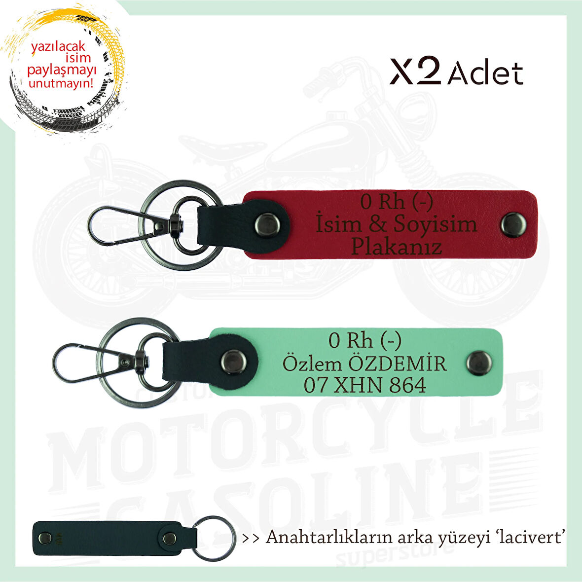 Motorcu Yolculara, İsim Plaka ve 0 Rh (-) Yazılı Güvenli Sürüş x2 Anahtarlık Set, Kırmızı-Yeşil-Laci