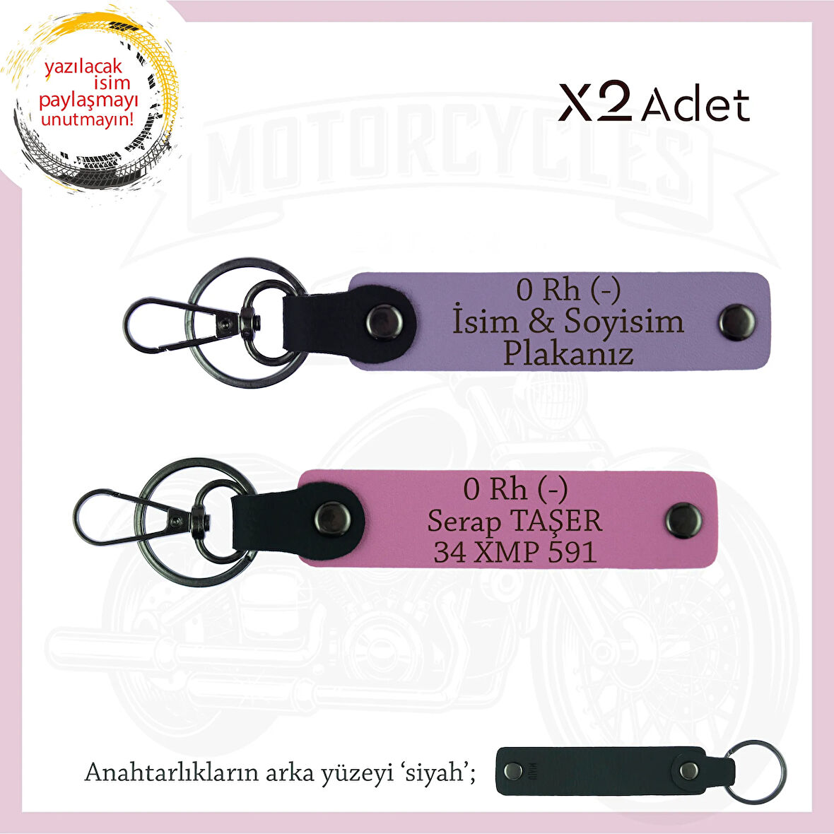 Motor Severlere Özel, İsim Plaka ve 0 Rh (-) Kan Grubu Özel Tasarım x2' li Anahtarlık, Mor-Pembe-Syh