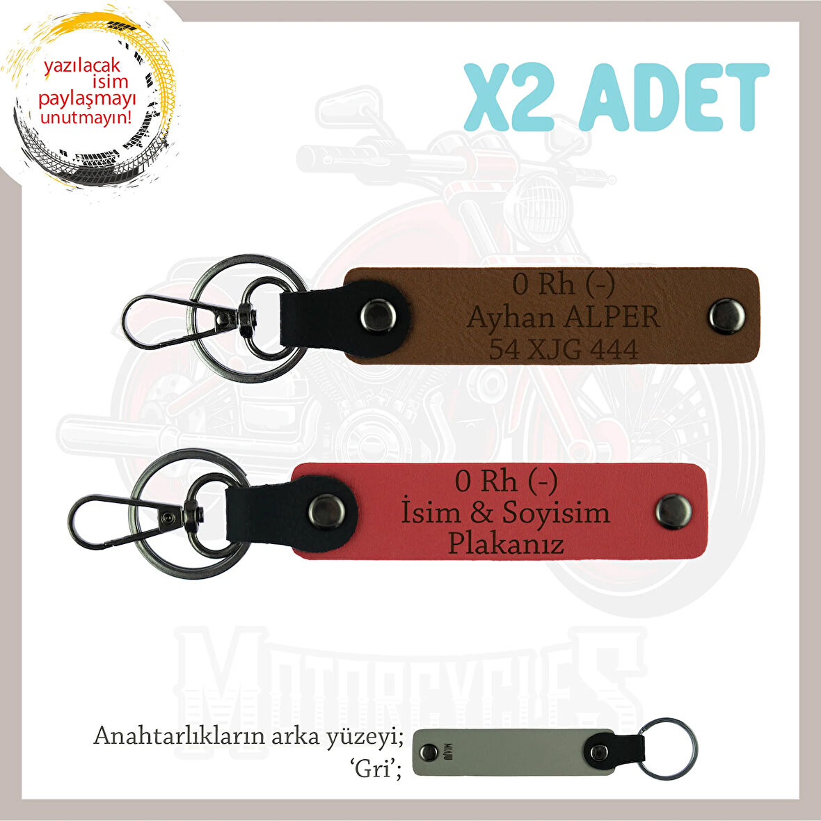 Biker Stiline Özel, İsim Plaka ve 0 Rh (-) Kan Grubu Yazılı Motor x2 Anahtarlık, Nar Çiçeği-Kahve-Gr