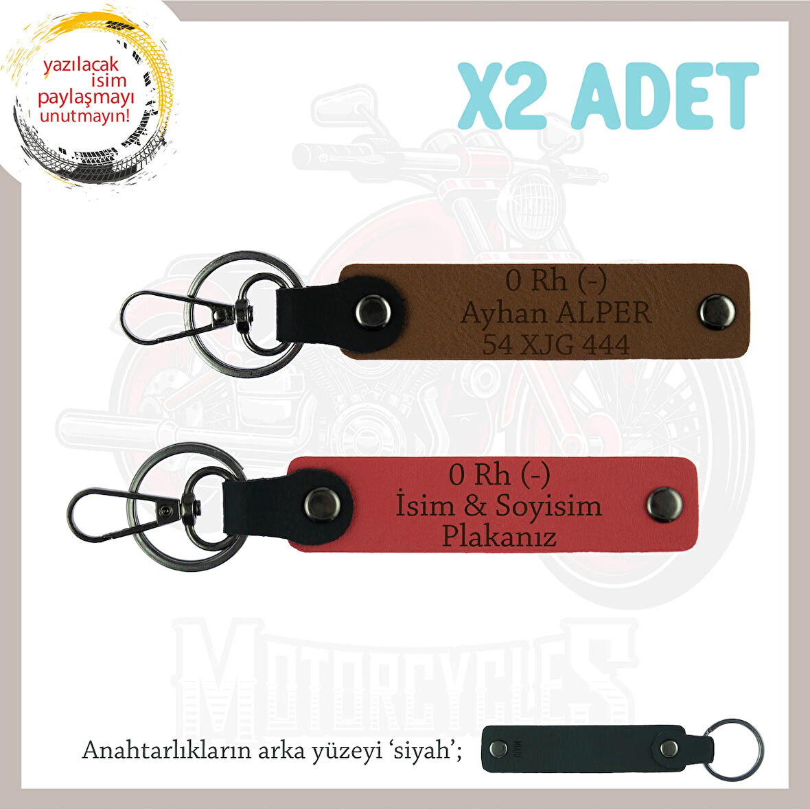 Biker Stiline Özel İsim Plaka ve 0 Rh (-) Kan Grubu Yazılı Motor x2 Anahtarlık, Nar Çiçeği-Kahve-Syh