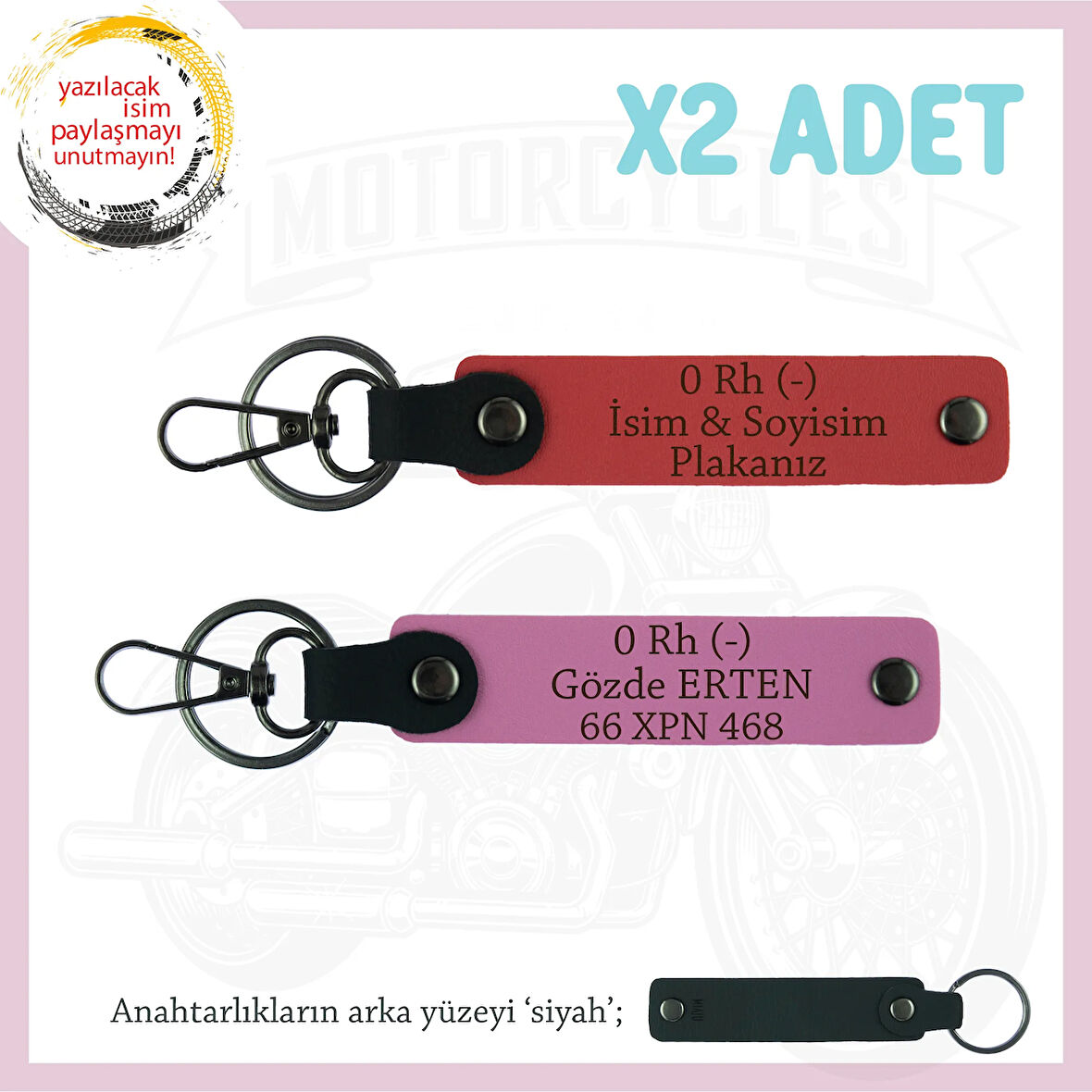 Yolların Sürücülerine, İsim Plaka ve 0 Rh (-) Kan Grubu Yazılı x2 Anahtarlık, Nar Çiçeği-Pembe-Syh