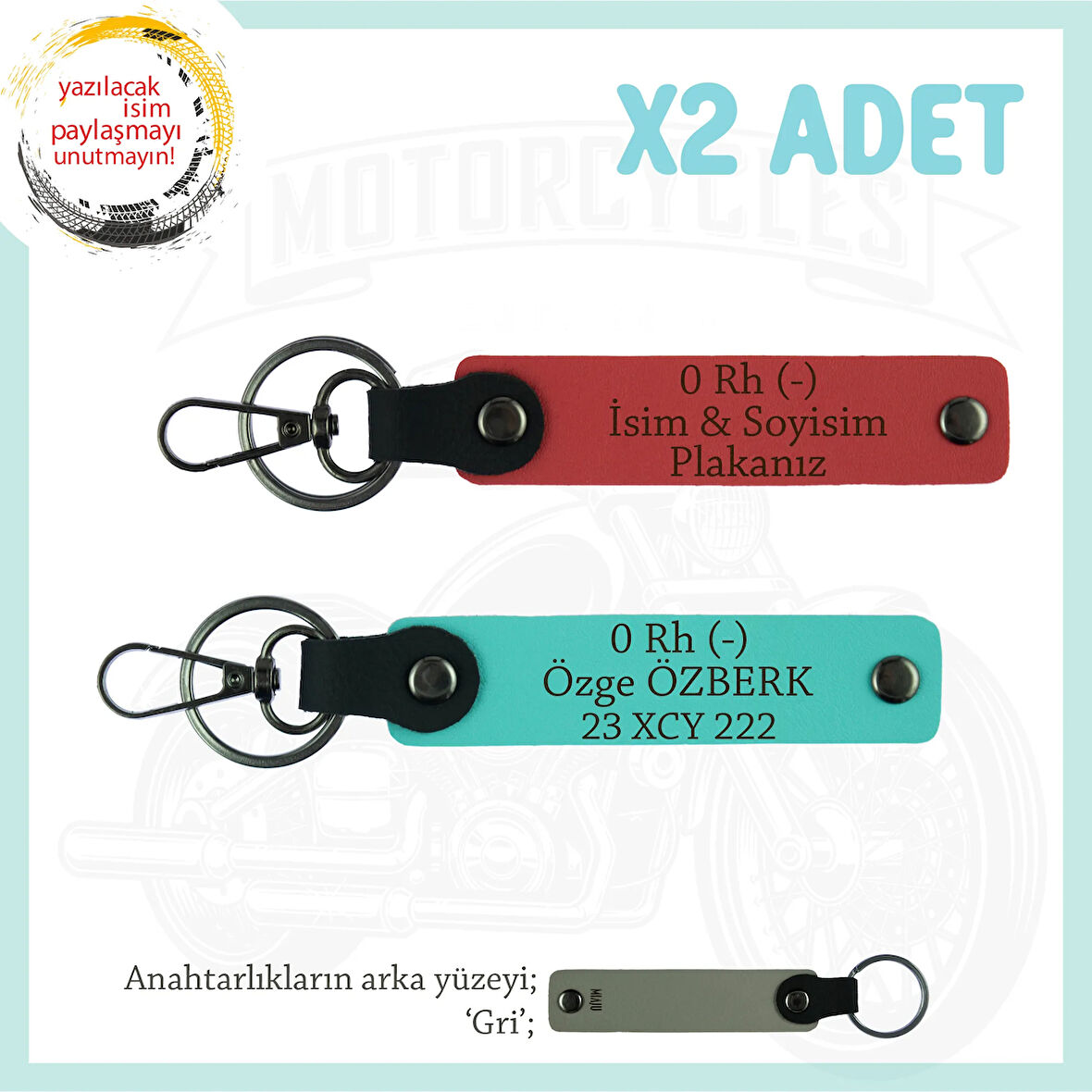 Retro Motorculara Özel, İsim Plaka ve 0 Rh (-) Yazılı Hediyelik x2 Anahtarlık, Nar Çiçeği-Turkuaz-Gr