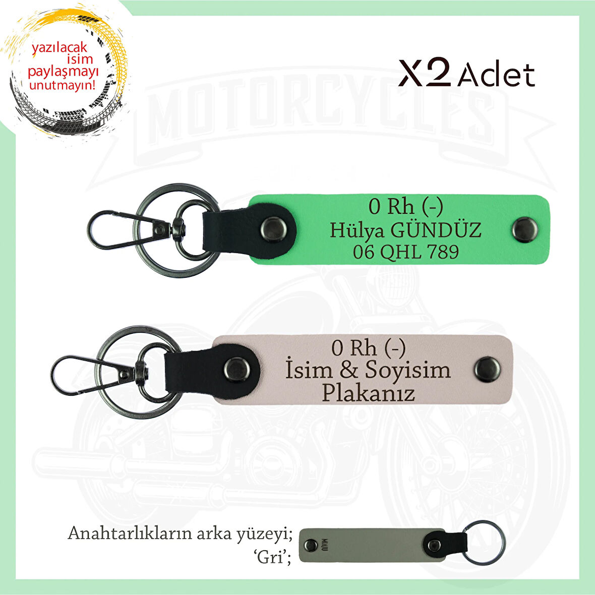 Hız Severlere Özel, İsim Plaka ve 0 Rh (-) Kan Grubu Yazılı Deri x2' li Anahtarlık, Pudra-F Yeşil-Gr