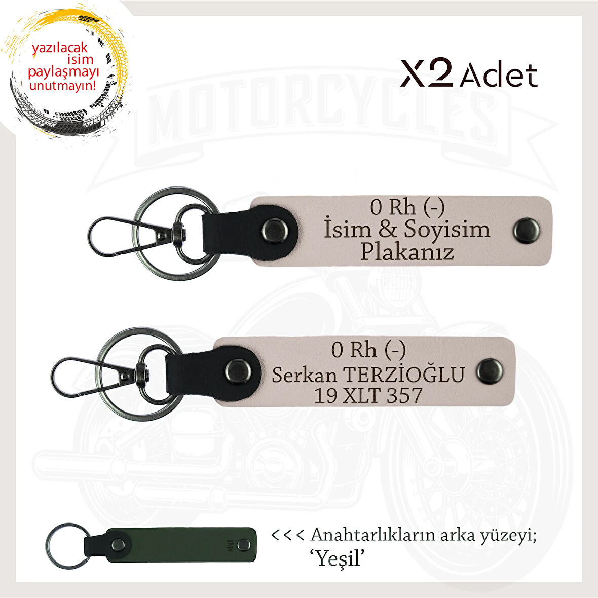 Motosiklet Maceracılarına İsim Plaka ve 0 Rh (-) Kan Grubu Yazılı Deri x2 Anahtarlık Seti, Pudra-Ysl