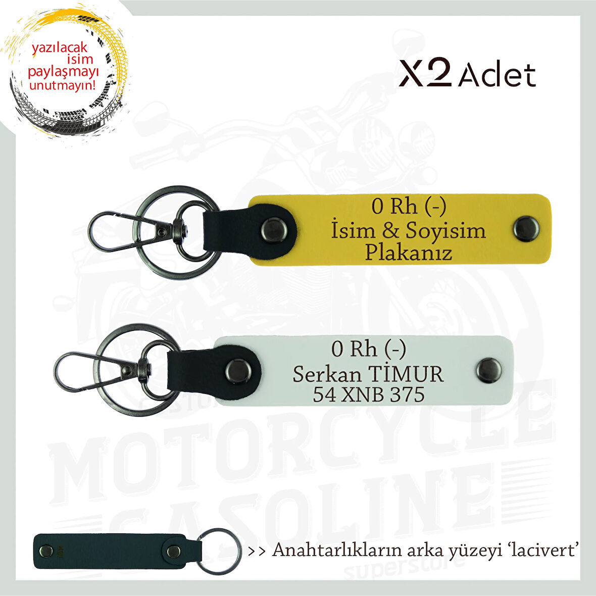 Sürücülere Özel, İsim Plaka ve 0 Rh (-) Kan Grubu Yazılı Hediye x2 Set Anahtarlık , Sarı-Beyaz-Laci