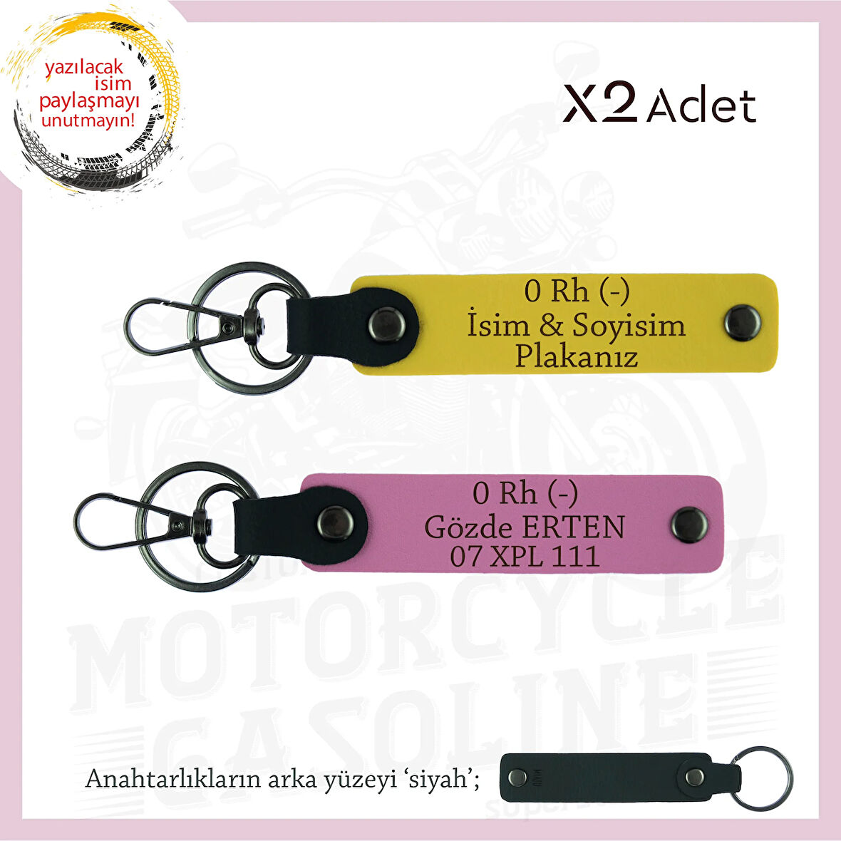 Motosiklet Severlere Özel, İsim Plaka ve 0 Rh (-) Kan Grubu Acil Durum x2 Anahtarlık, Sarı-Pembe-Syh