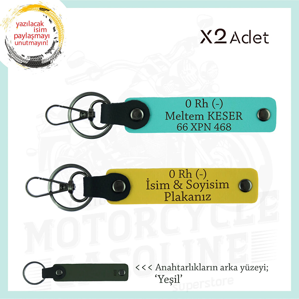 Motor Severlere İsim Plaka ve 0 Rh (-) Kan Grubu Yazılı Özel Tasarım x2 Anahtarlık, Sarı-Turkuaz-Ysl
