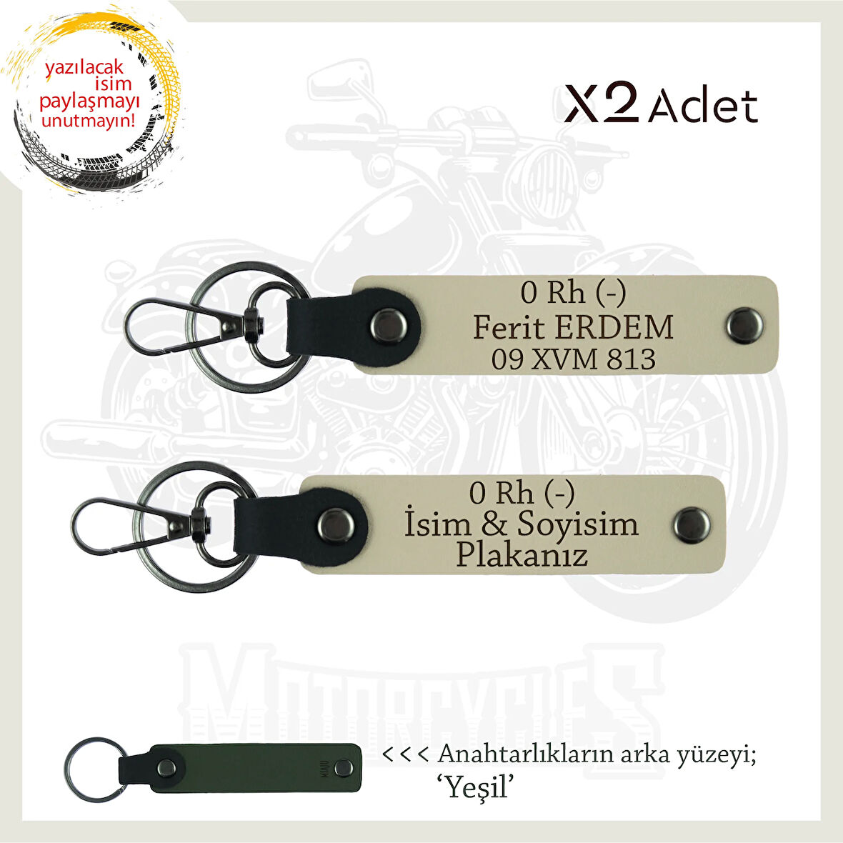 Motorcuya Hediye, İsim Plaka ve 0 Rh (-) Kan Grubu Kişiselleştirilmiş x2 Anahtarlık Set, S Kahve-Ysl