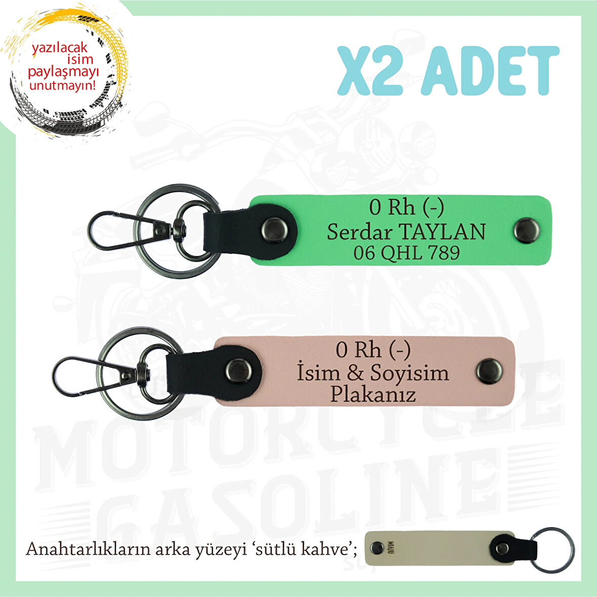 Motor Severlere Özel, İsim Plaka ve 0 Rh (-) Kan Grubu Yazılı x2 Anahtarlık, Yavruağzı-F Yeşil-SK