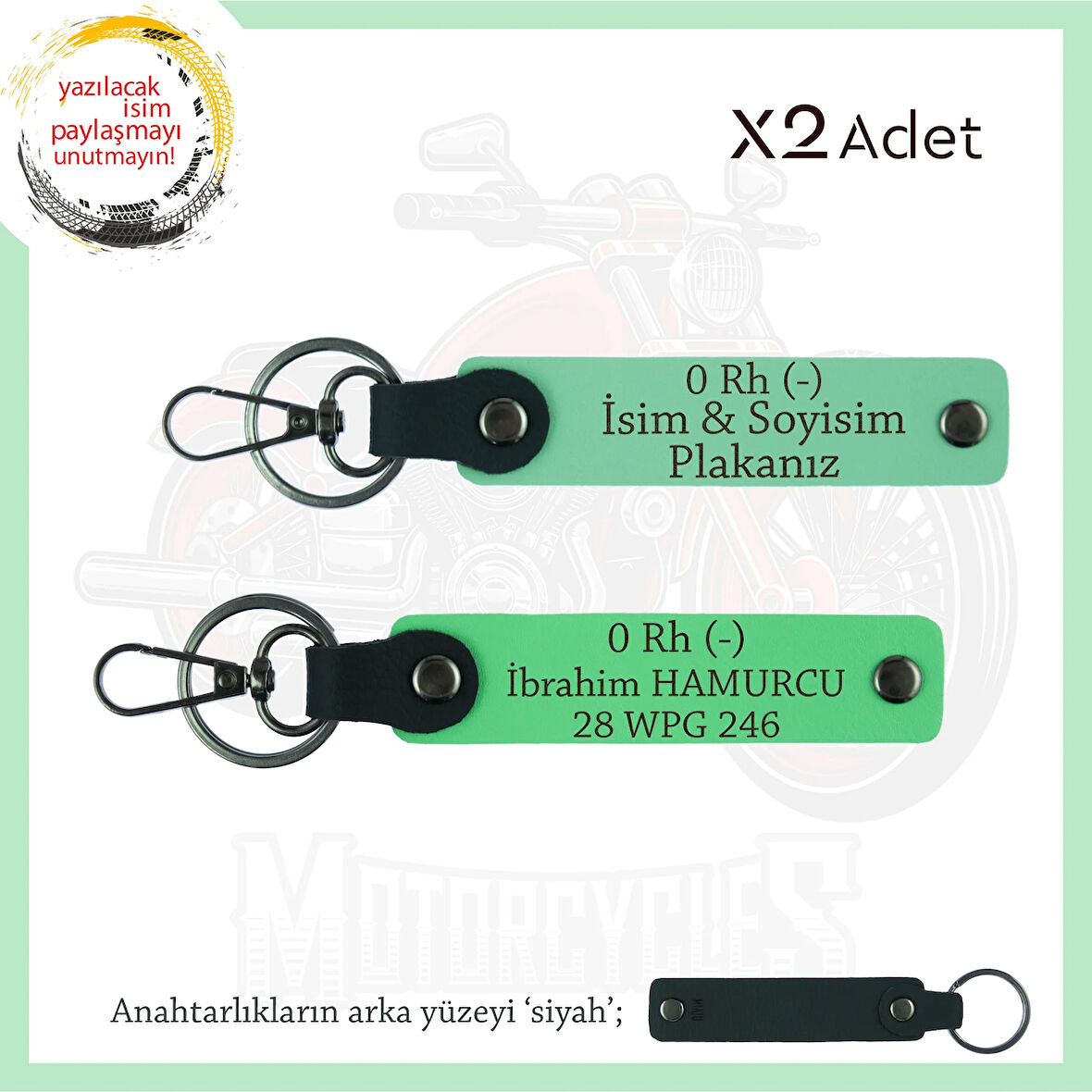 Motosiklet Aşıklarına Özel, İsim Plaka ve 0 Rh (-) Kan Grubu Yazılı x2 Anahtarlık, Yeşil-F Yeşil-Syh