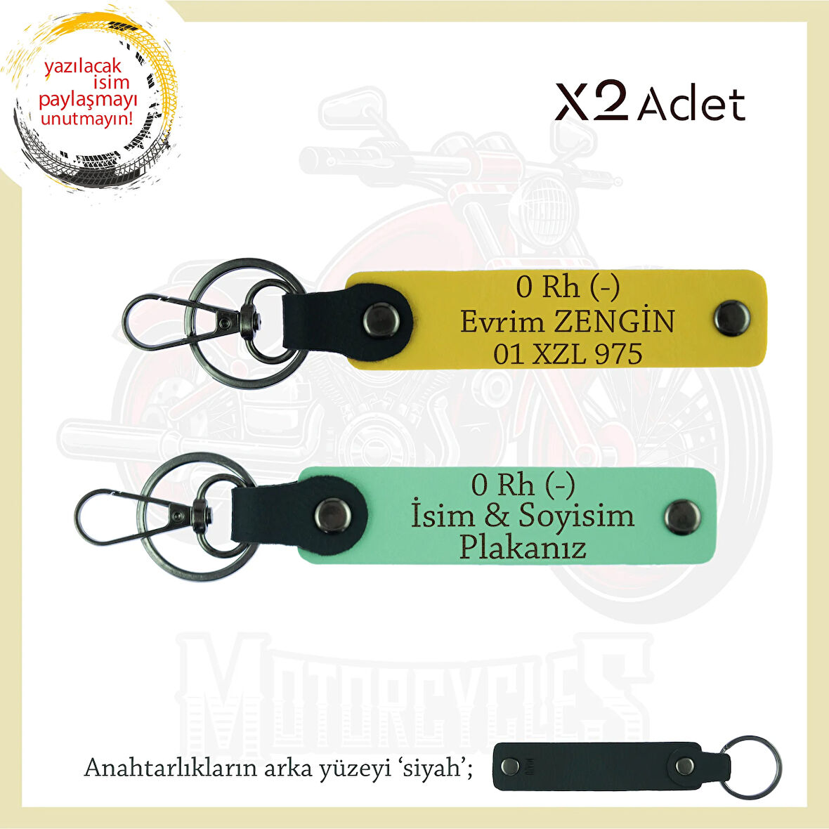 Motosiklet Severlere Özel, İsim Plaka ve 0 Rh (-) Kan Grubu Yazılı x2 Anahtarlıkları, Yeşil-Sarı-Syh