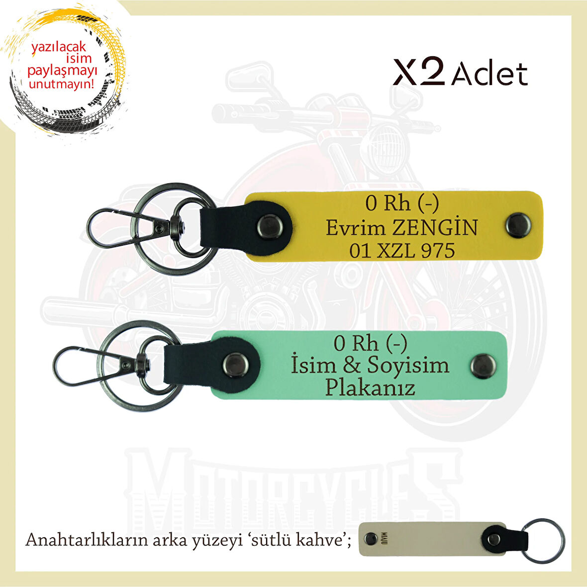 Motosiklet Severlere Özel, İsim Plaka ve 0 Rh (-) Kan Grubu Yazılı x2 Anahtarlıkları, Yeşil-Sarı-SK