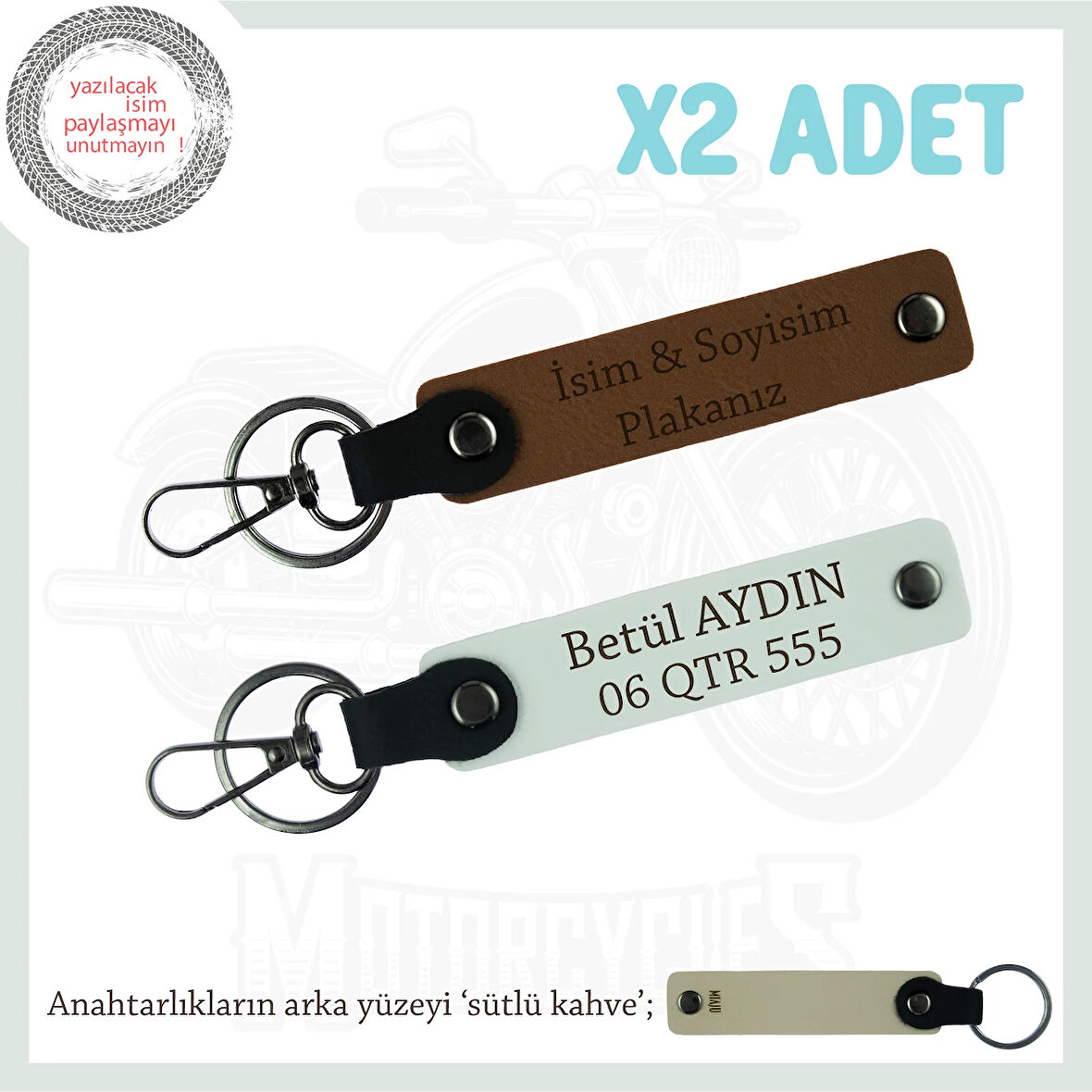 Motorculara Özel Üretilmiş, İsim Ve Plaka Yazılı Kişisel x2' li Anahtarlık Set, Kahve-Beyaz-SK