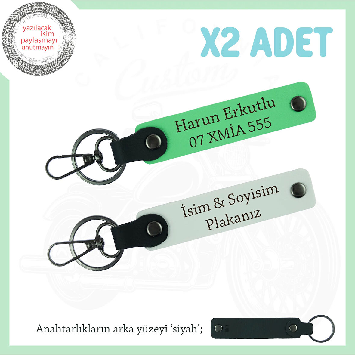 Araç Sevdalılarına Anlamlı Hediye, Plaka ve İsim Yazılı 2’li Deri Anahtarlık Seti, Beyaz-F Yeşil-Syh
