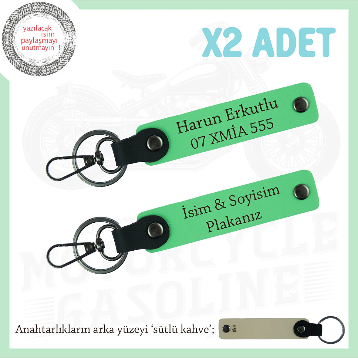Kullanışlı ve Şık Tasarım – Plaka ve İsim Yazılı Deri Anahtarlık Çift, Hediye, Fıstık Yeşil-S Kahve