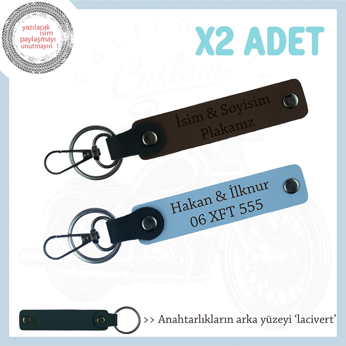 Özgün Detaylarla Kişiselleştirilen Anahtarlık Seti, Plaka + İsim Yazılı x2, Koyu Kahve-Gök Mavi-Laci