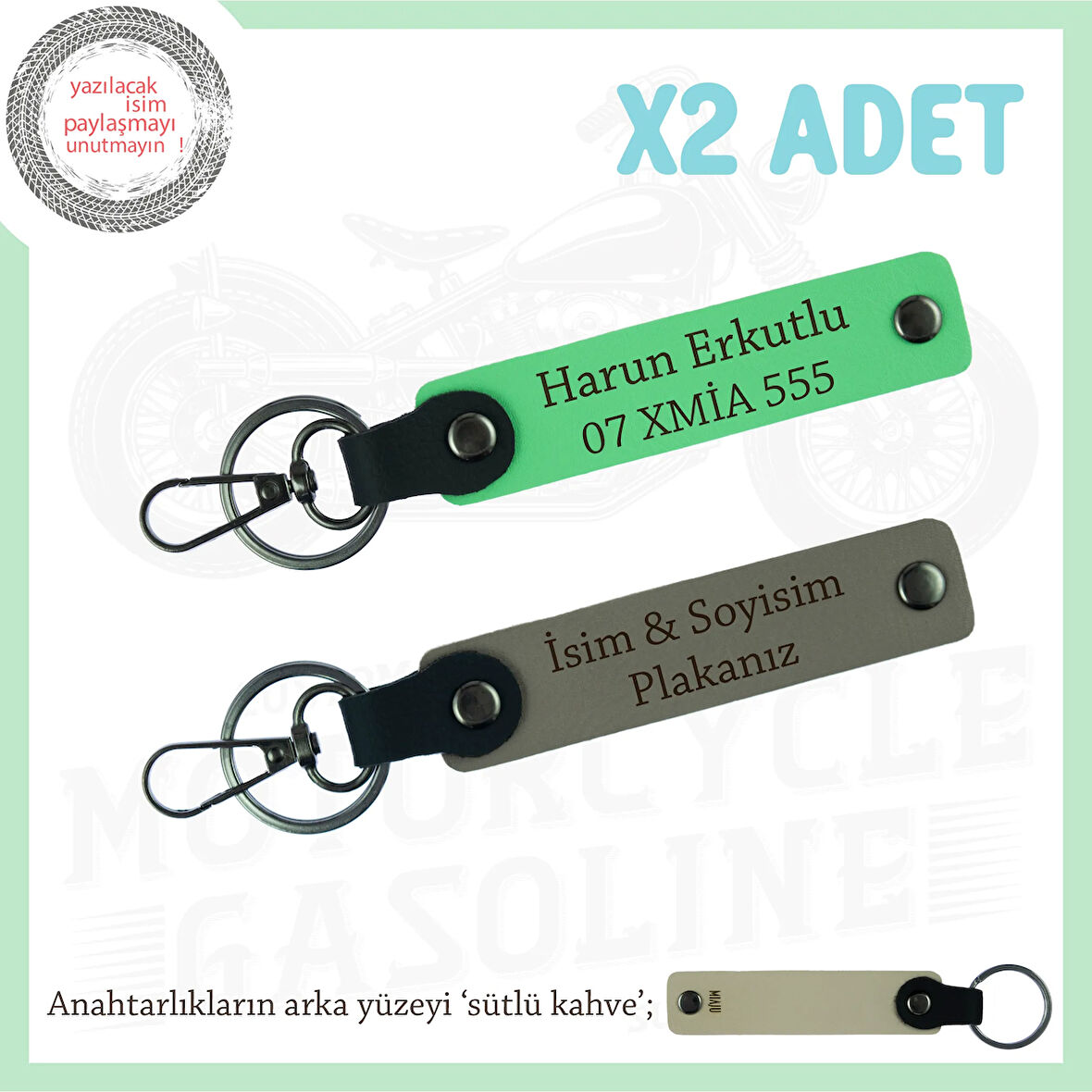 Scooter Severlere Özel İsim Ve Plaka Yazılı x2 Deri Anahtarlık, Arkadaş Hediyesi, Kül Gri-F Yeşil-SK
