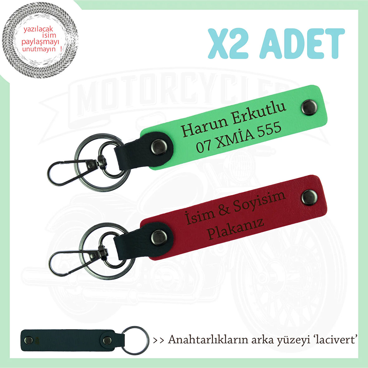 Modern ve Dayanıklı Deri Anahtarlık – Kişiye Özel Plaka & İsimli İkili Set, Kırmızı-F Yeşil-Laci